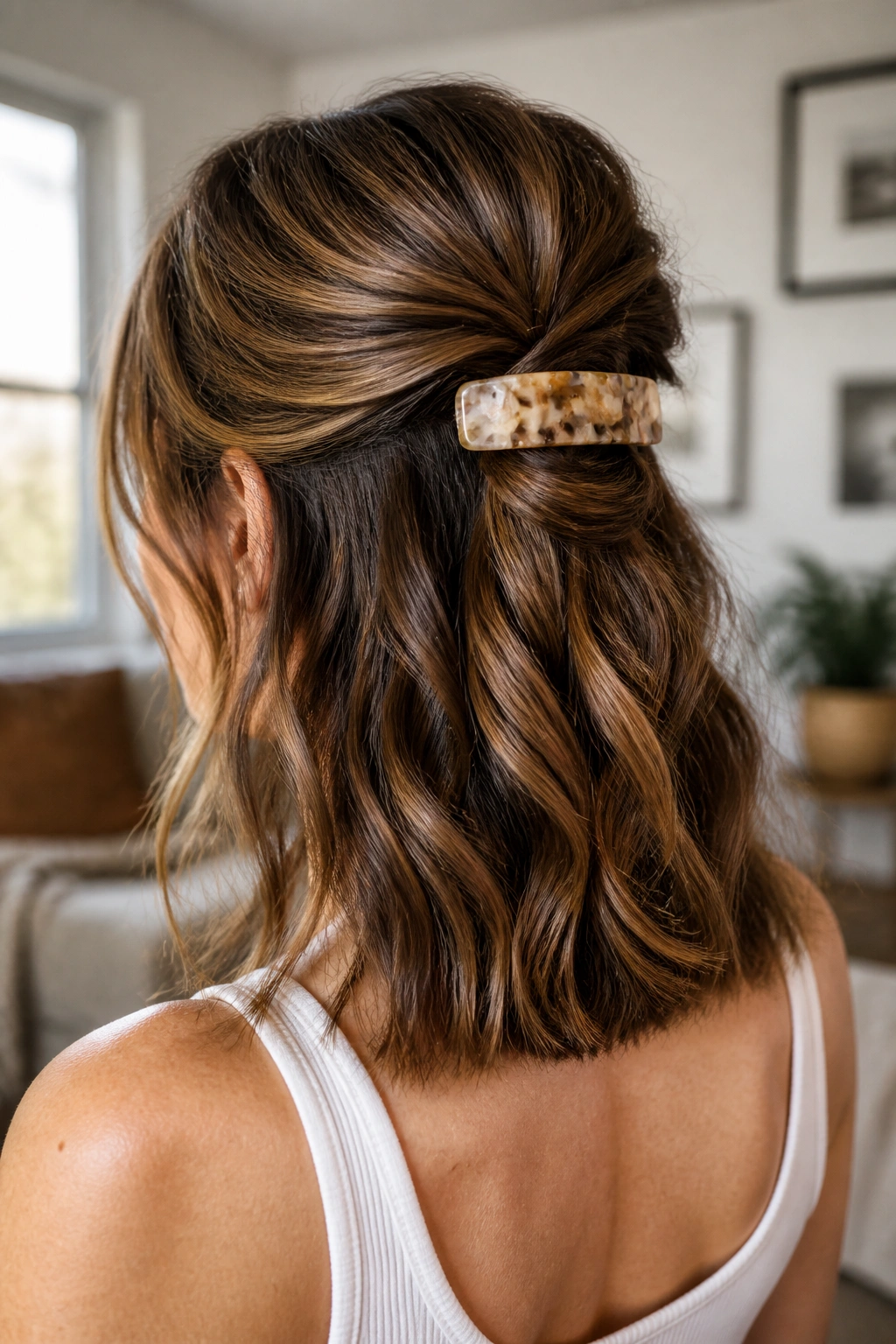 Real woman with half-up twist secured by a wide statement barrette.