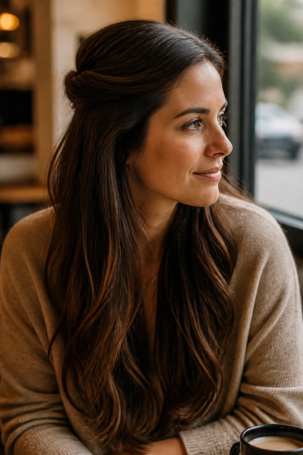 Medium close-up of a real woman with a half-up twist on long brunette hair.