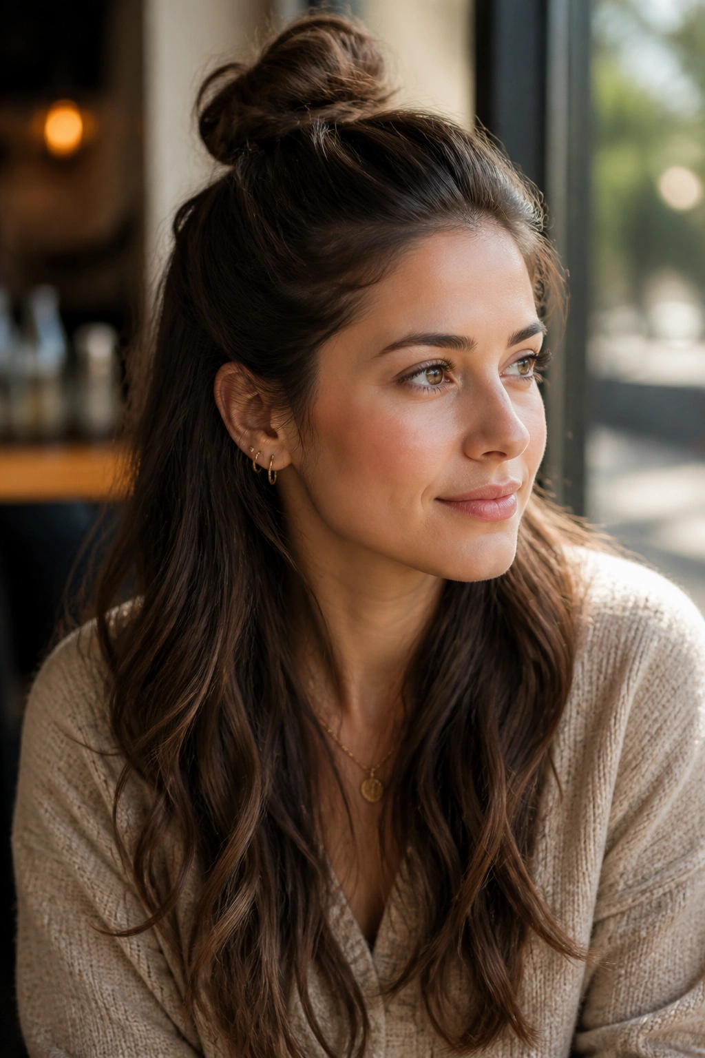 Close-up of a real woman with a half-up twist bun and loose length