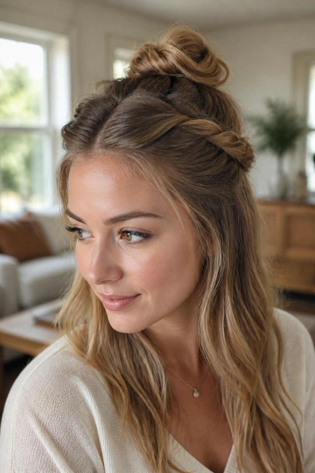 Close-up of a real woman with a half-up twist bun at the crown and front twists.