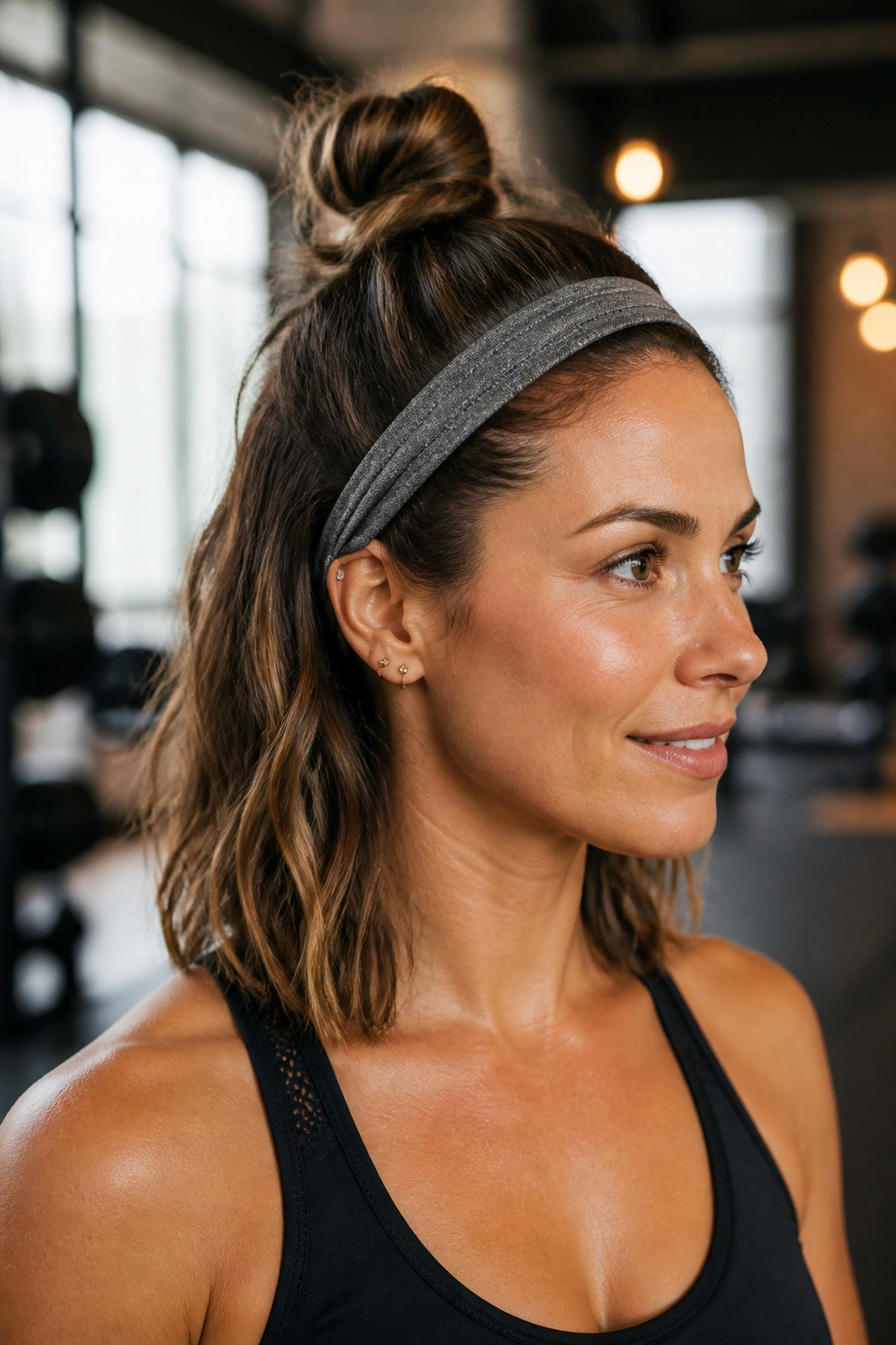 Portrait of a real woman with half-up twist bun on shoulder-length hair in a studio