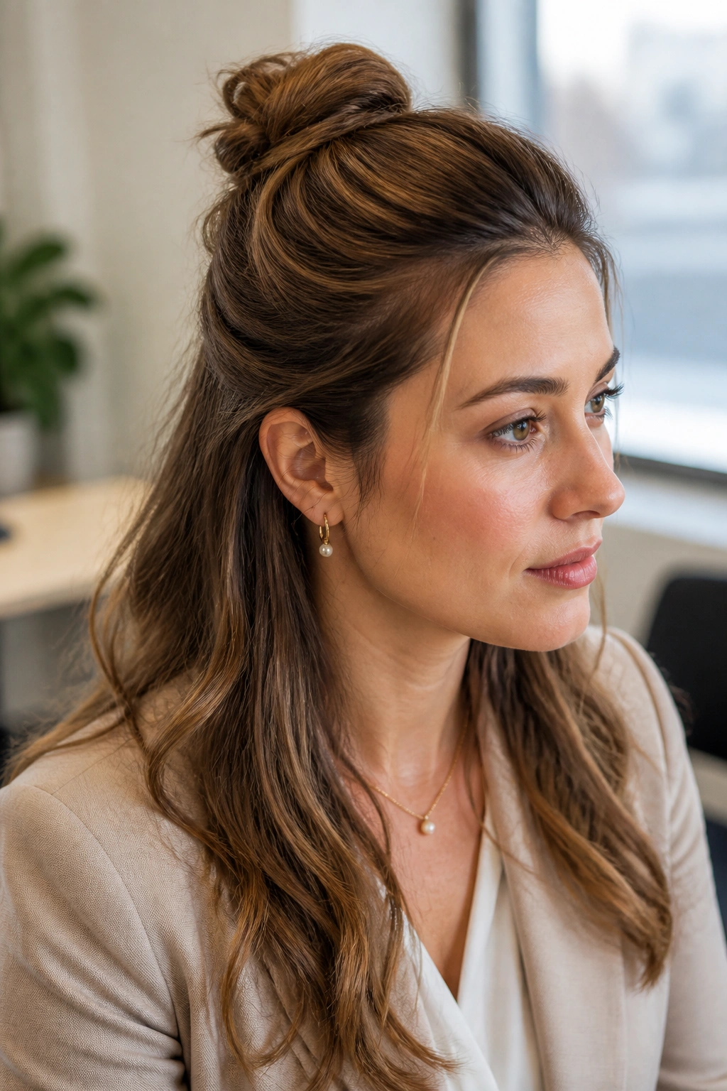 Close-up of a woman with half-up twist bun