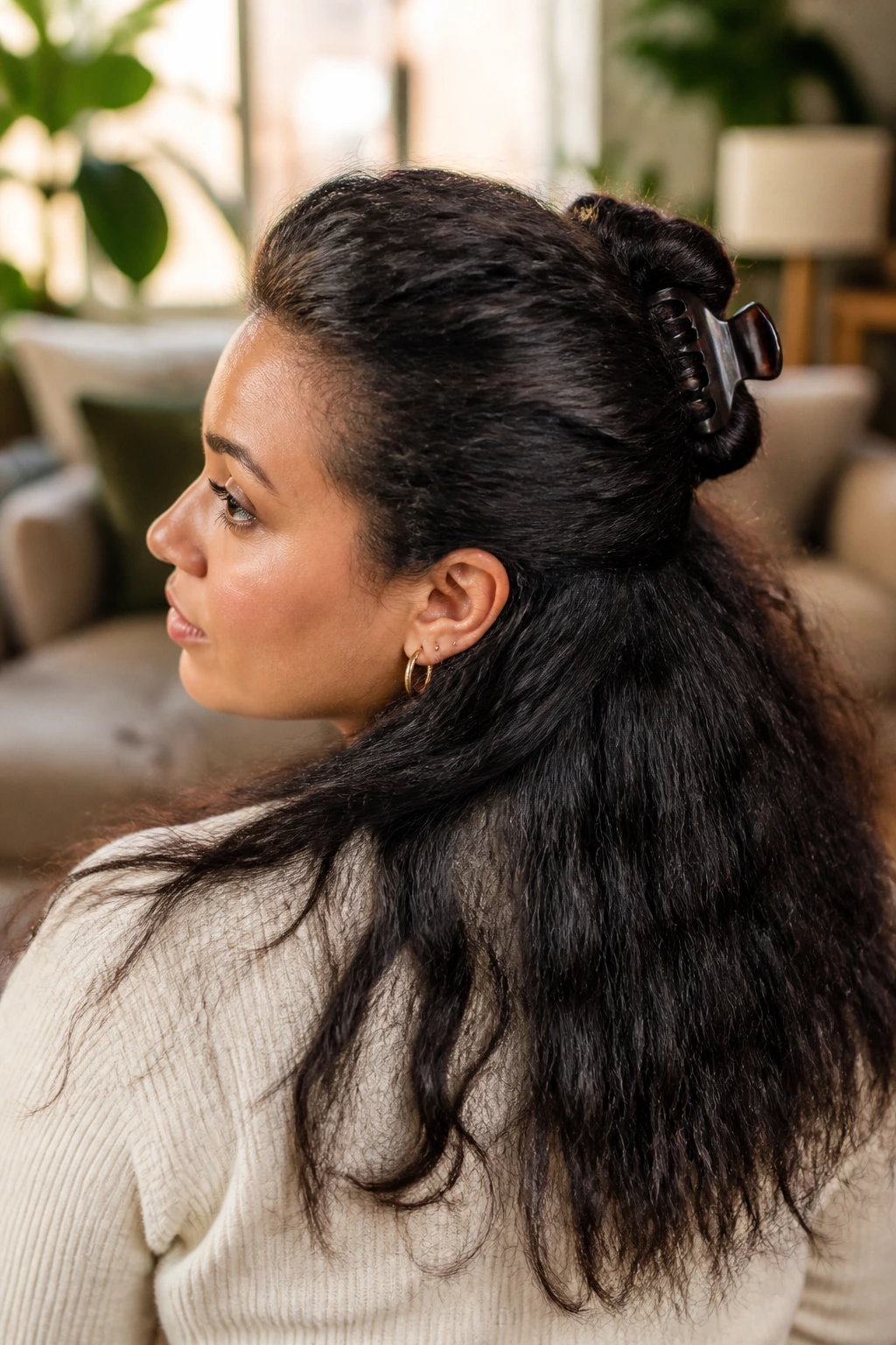 Close-up of a real woman with a half-up twist secured by a wide claw clip, showing coarse textured hair.