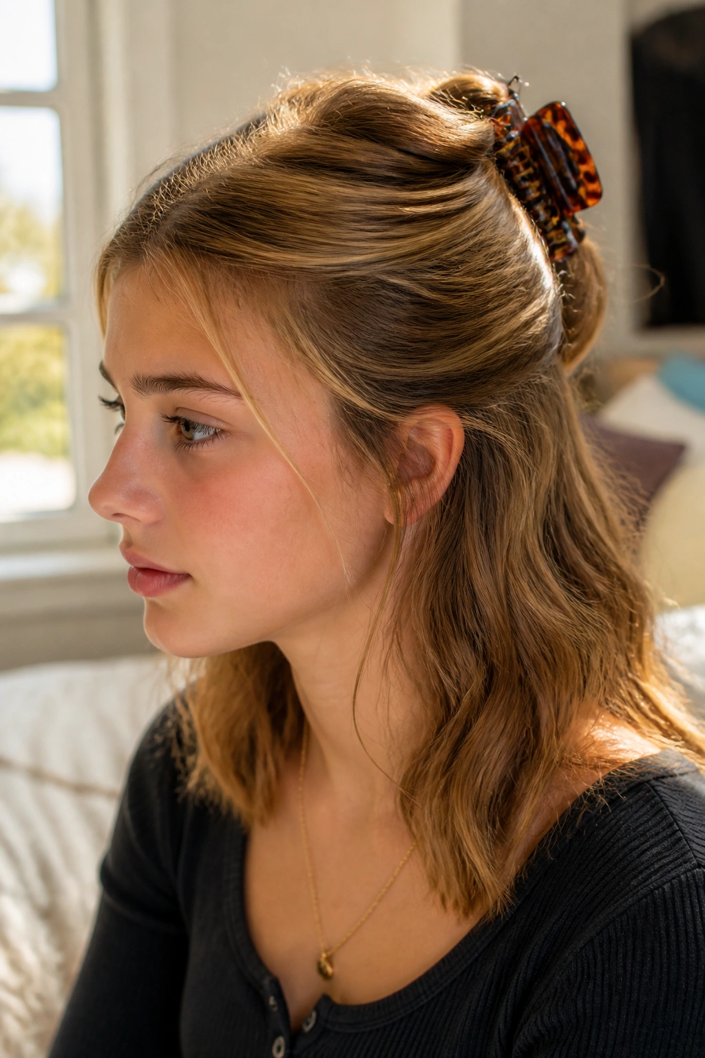 Close-up of a real teenage girl with a half-up twist secured by a claw clip in soft morning light