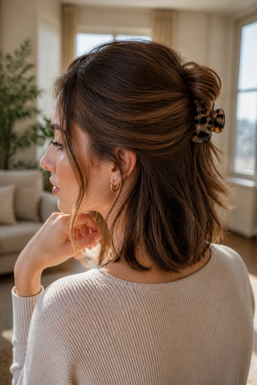 Close-up of a real woman showing a half-up twist secured with a claw clip.