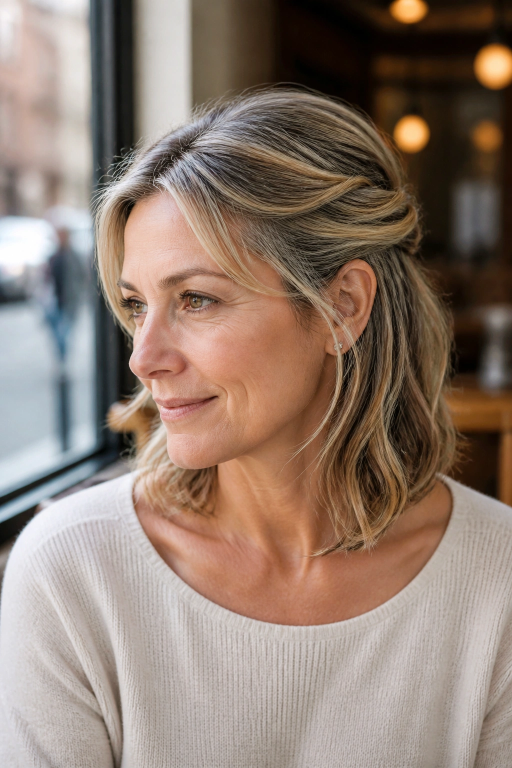 Real woman with a half-up twist on collarbone-length hair at a cafe.