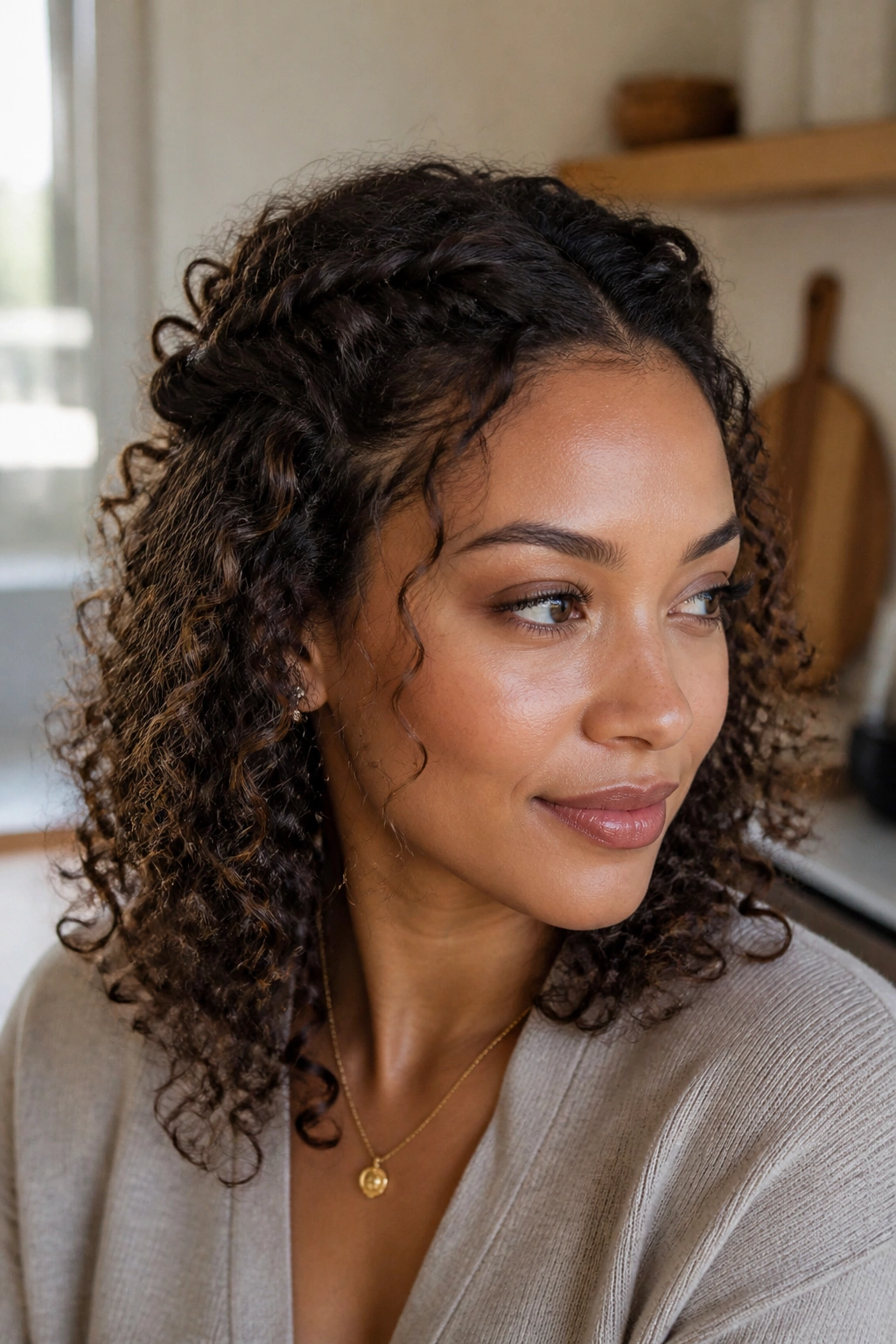 Portrait of a real woman with a half-up twist crown hairstyle.