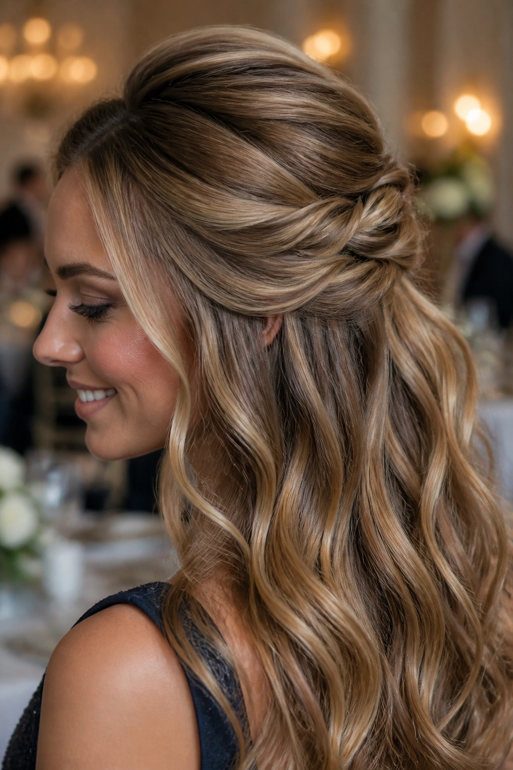 Close-up of a real woman with a half-up twist and lifted crown