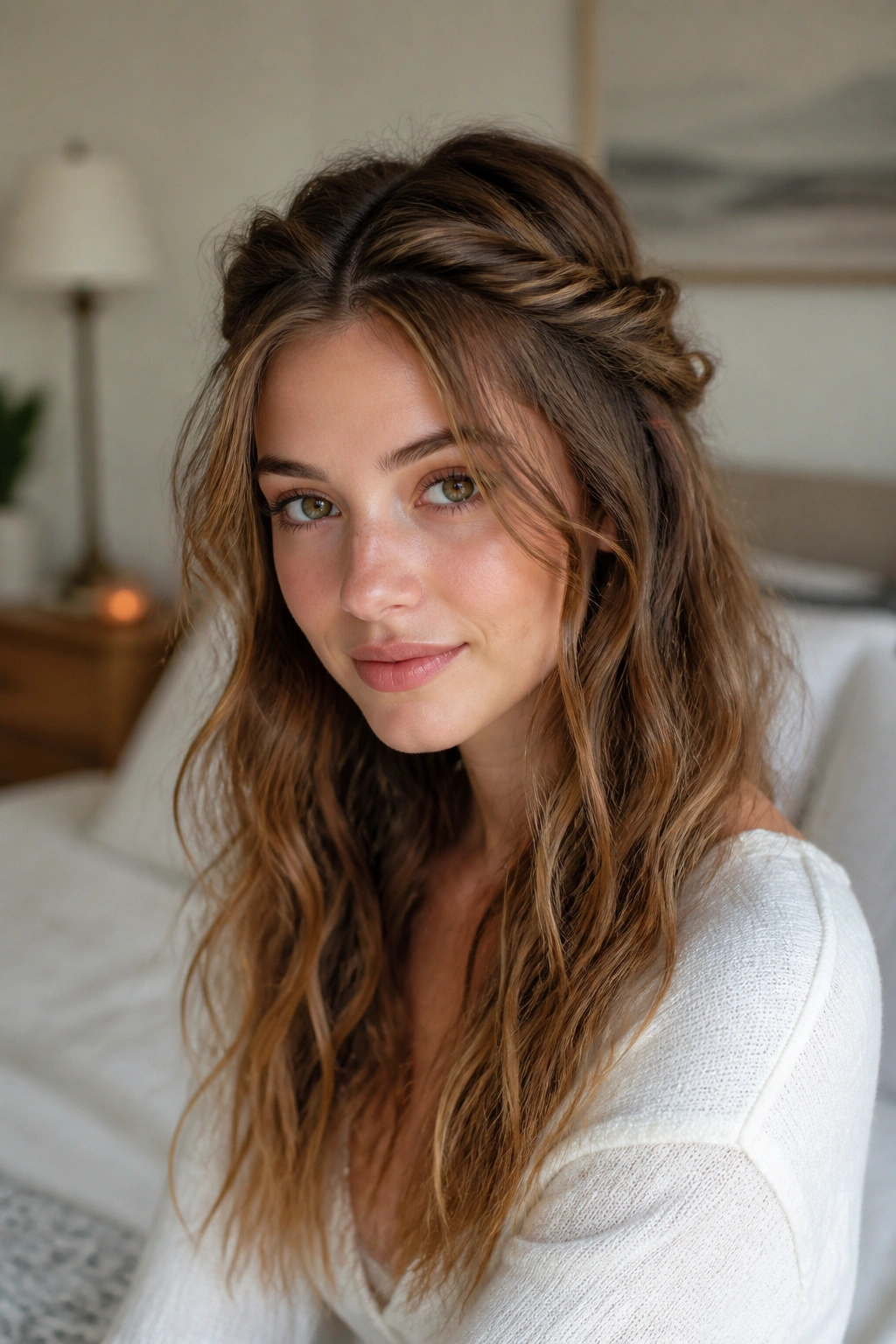 Close-up of a real woman with a half-up twist crown and loose waves