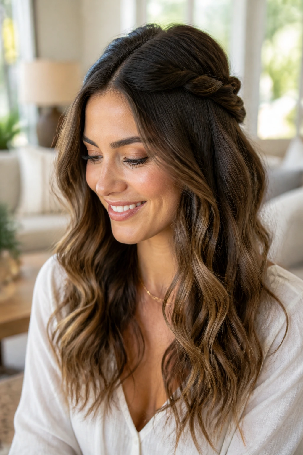 Portrait of a woman with a half-up twist crown and wavy hair