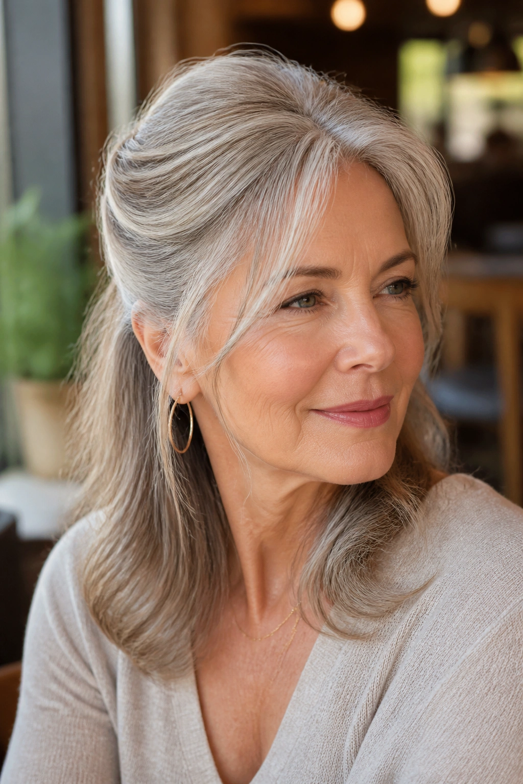 Woman with soft half-up twist and face-framing pieces in a cafe setting.