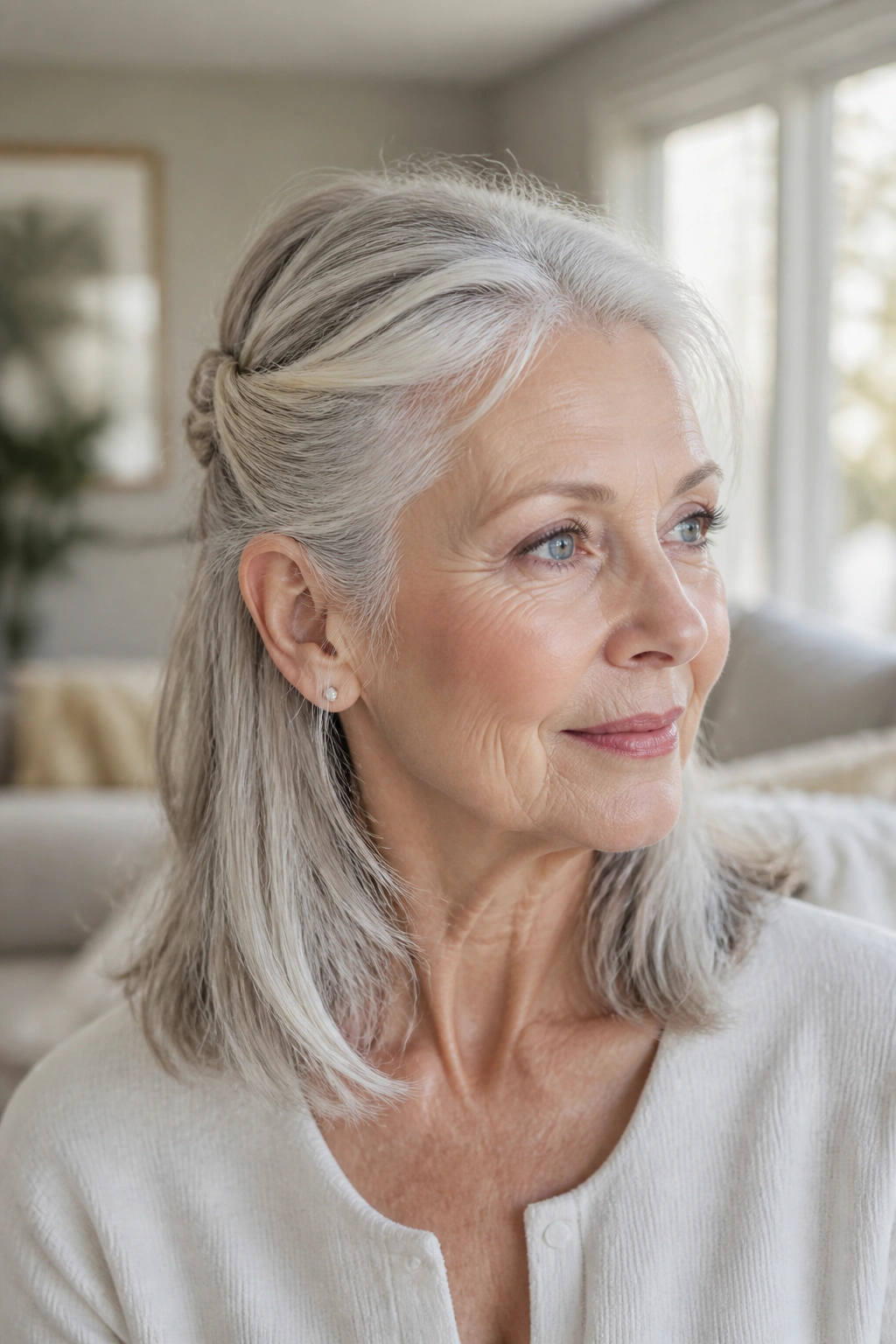 Close-up of a real woman's head and shoulders showing a half-up twist for fine hair