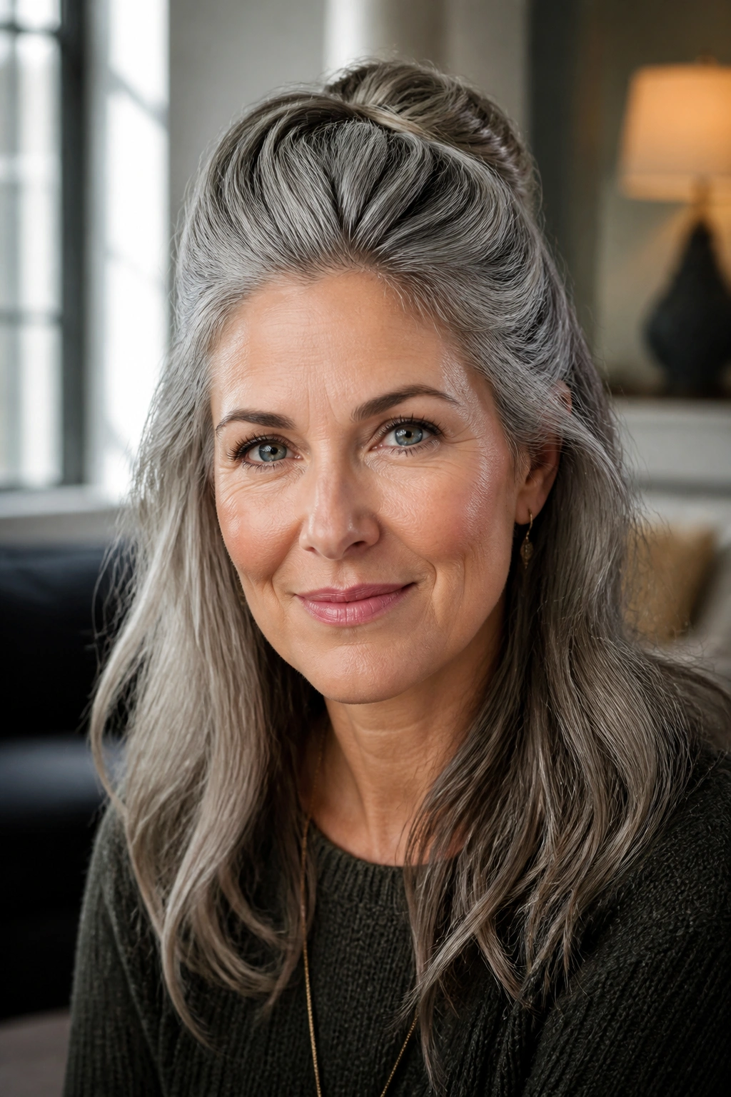 Close-up of a mature woman with half-up twist lifting hair from the face.
