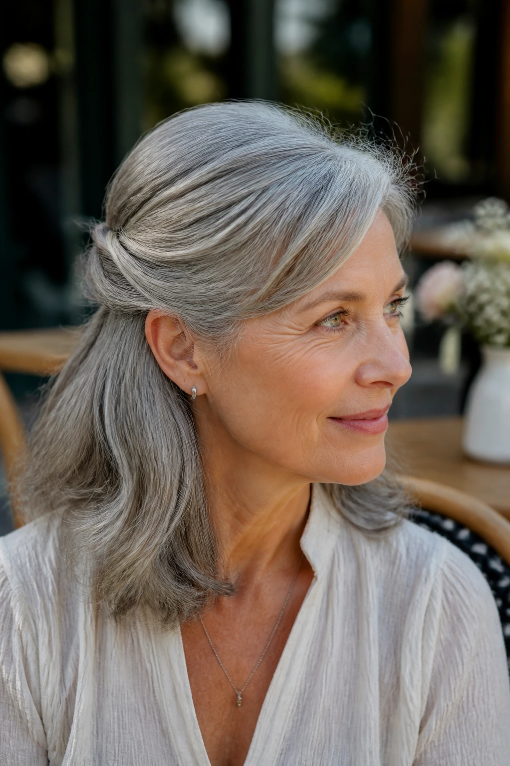 Close-up portrait of a real woman with half-up twist in medium gray hair
