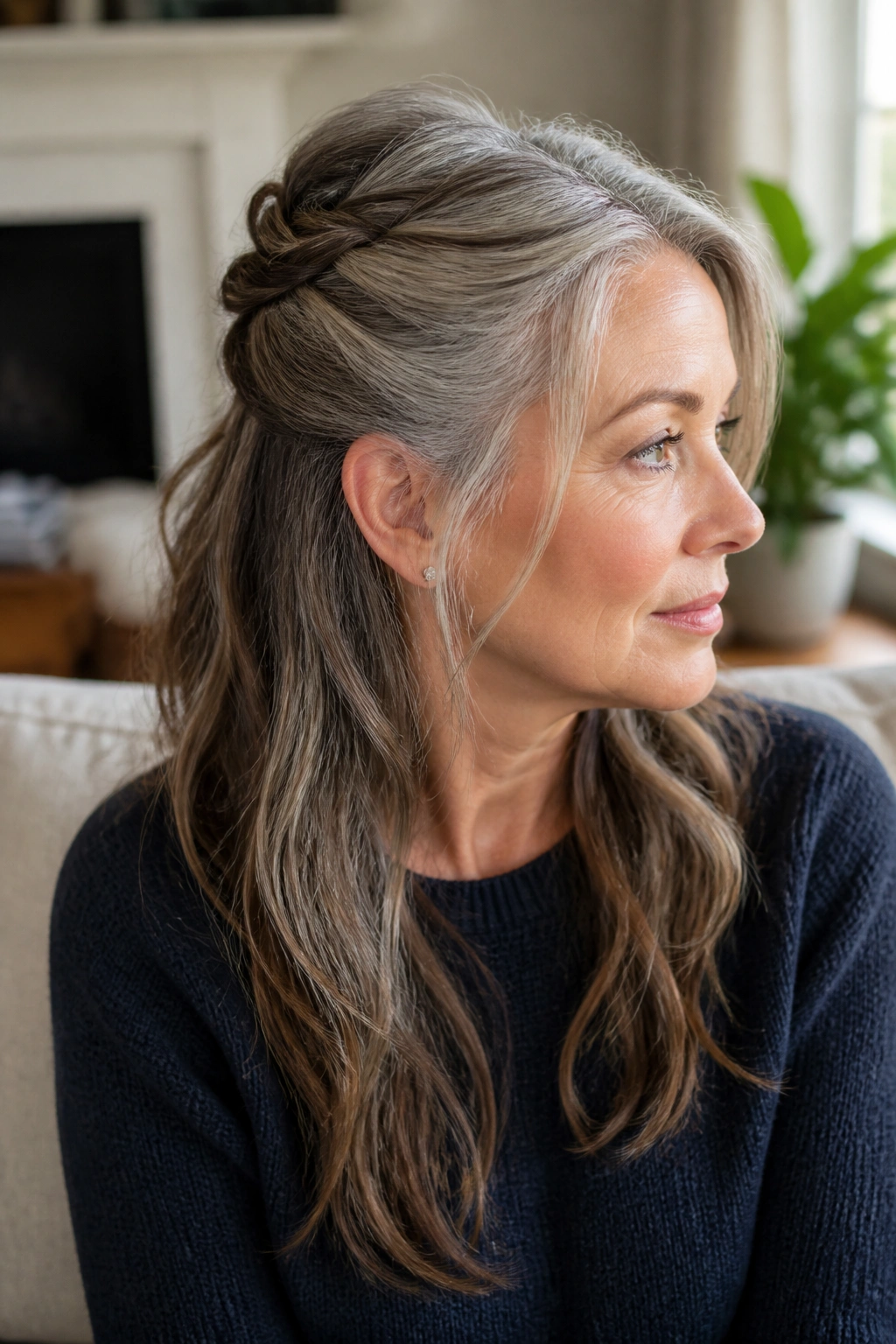 Close-up of a gray-haired woman with a half-up twist hairstyle