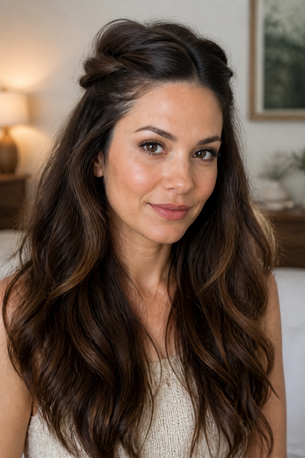 Close-up portrait of a real woman with a half-up twist showing loose length.