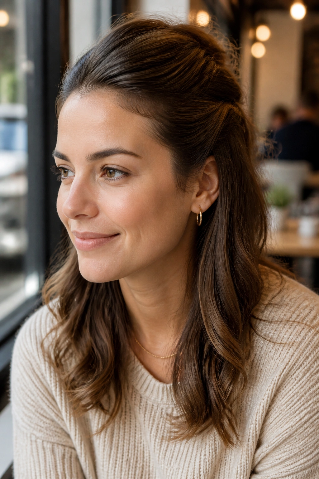 Close-up of a real woman wearing a half-up twist in a cafe setting