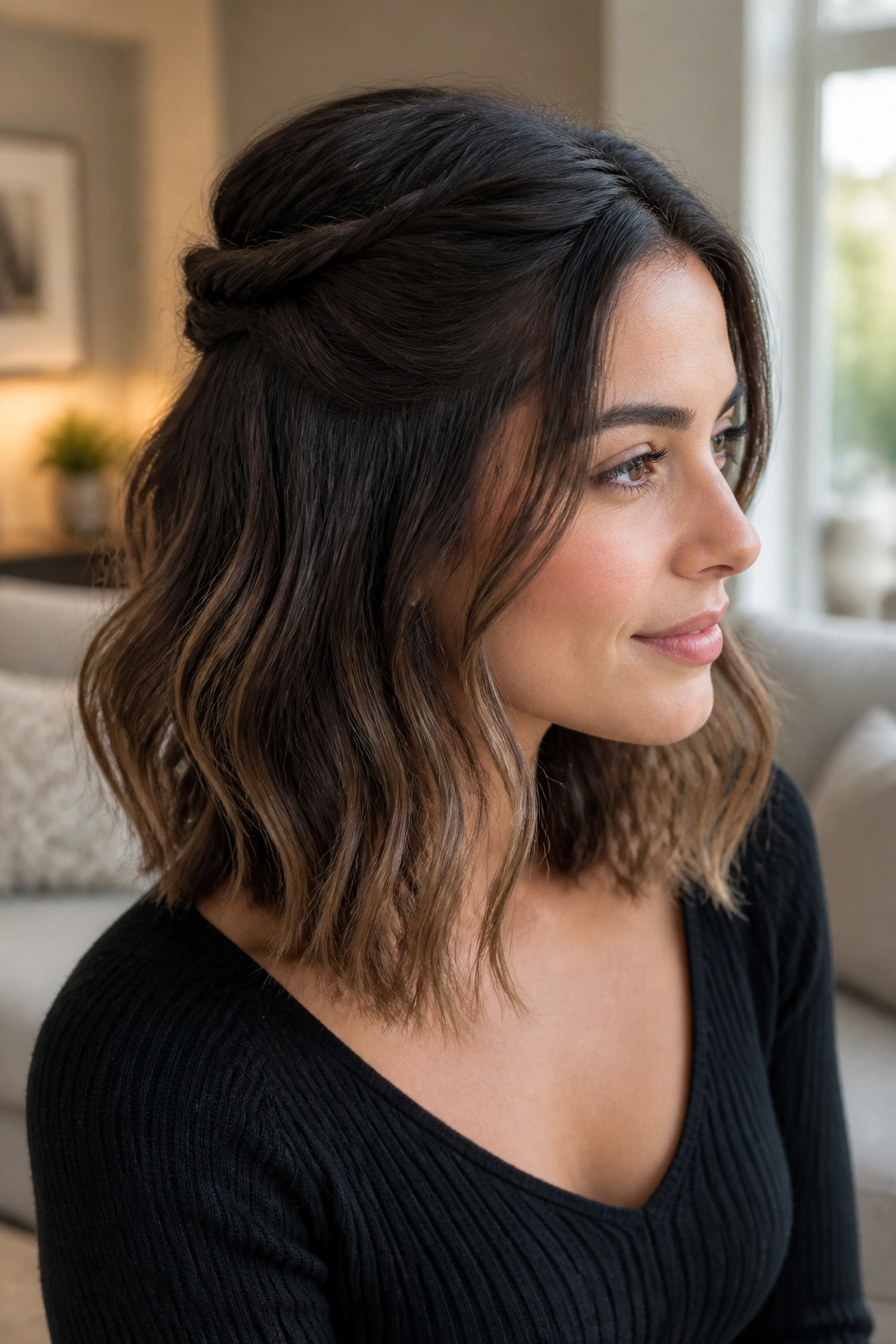 Close-up portrait of a real woman with a half-up twist on a layered lob and loose waves