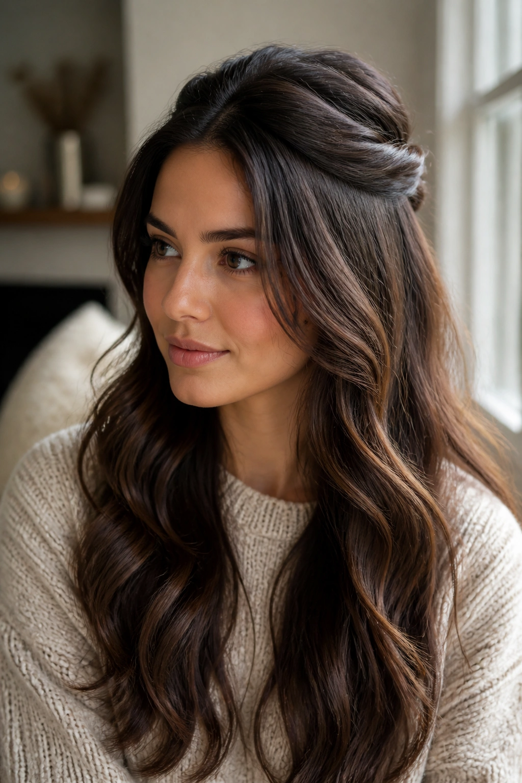Brunette with half-up twist and long waves in cozy indoor light
