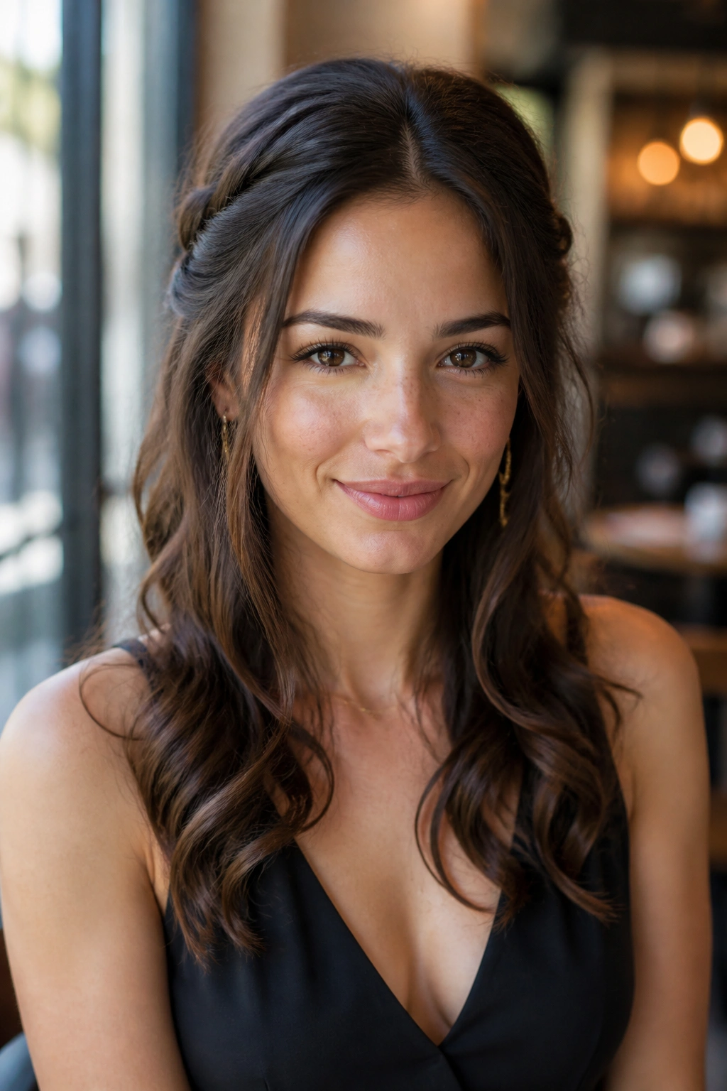 Close-up of a real woman with half-up twist and loose curls