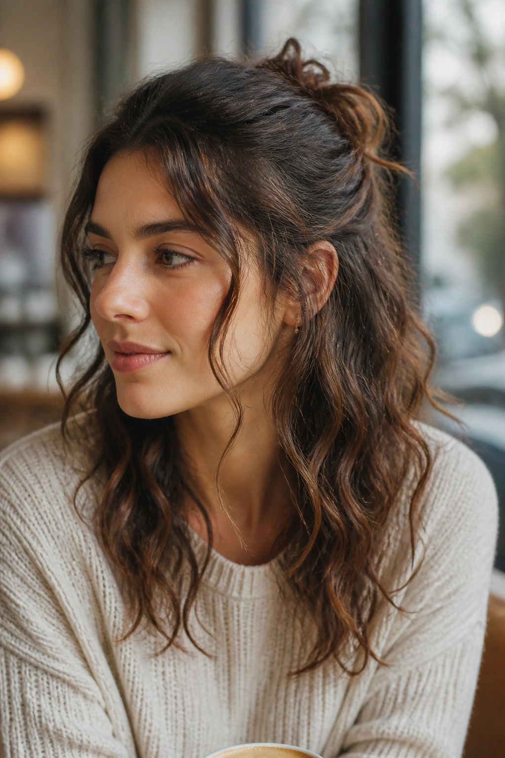 Close-up of a woman with a half-up twist and loose ends, soft face-framing pieces.
