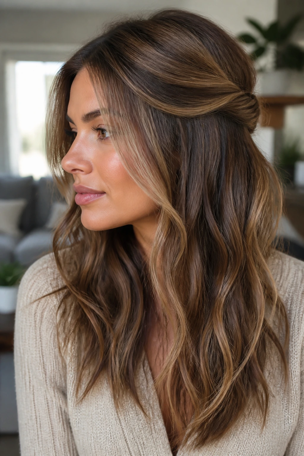 Portrait of a woman with a half-up twisted hairstyle and loose waves