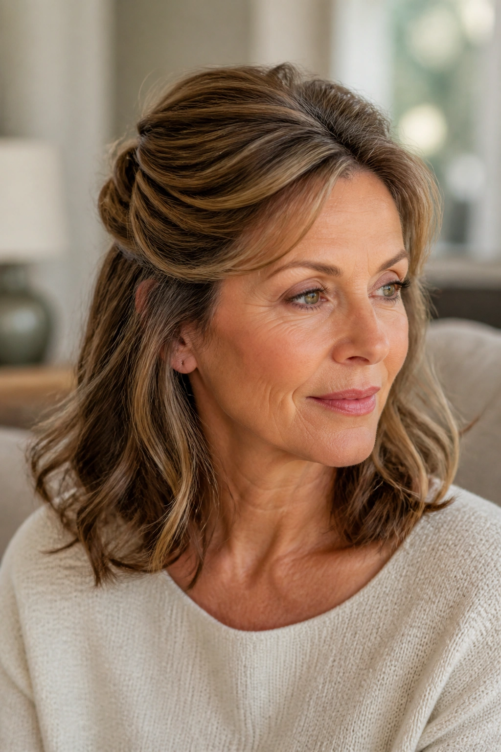 Close-up of a woman wearing a half-up twist hairstyle.