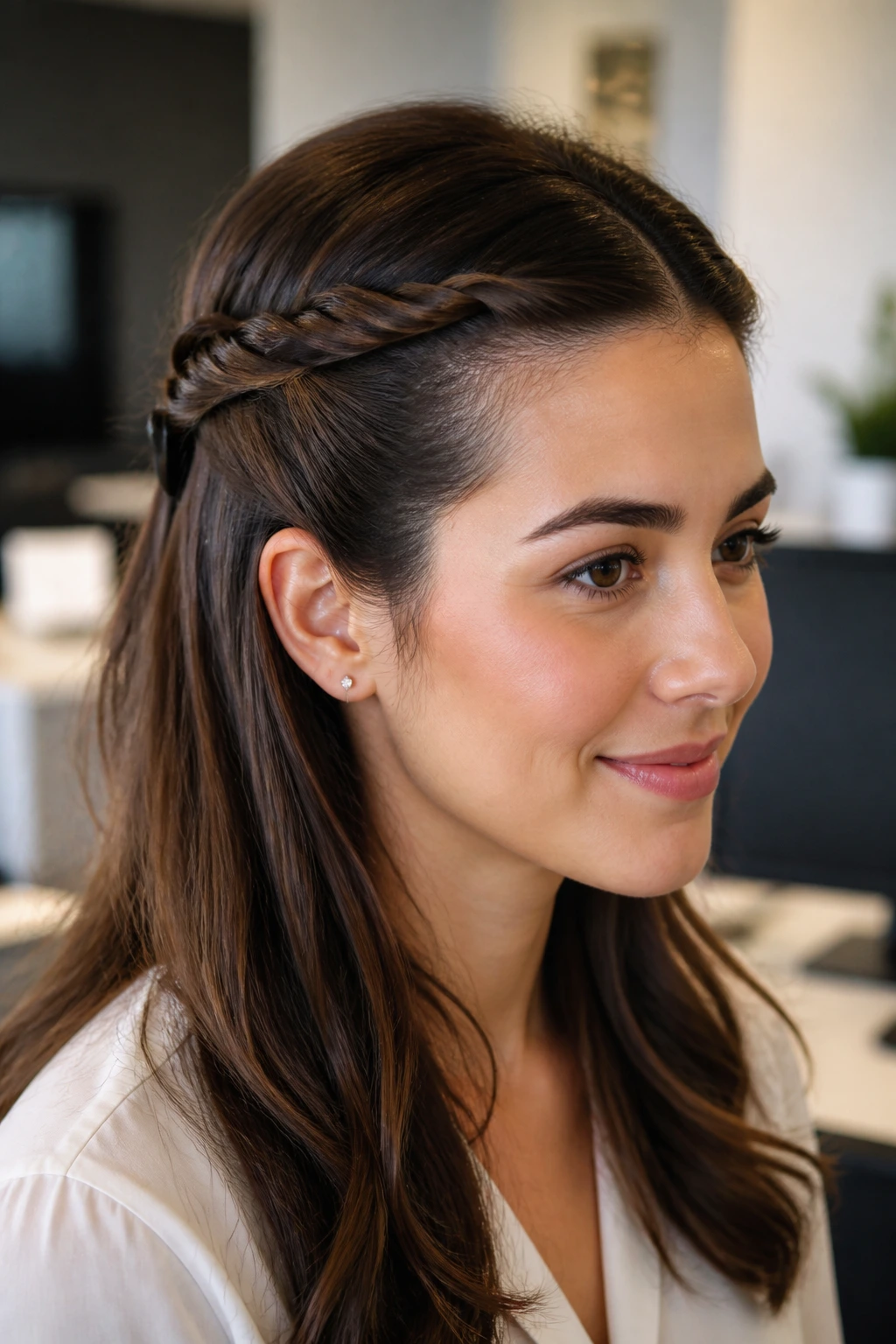 Close-up of a woman with two temple twists in half-up style in an office