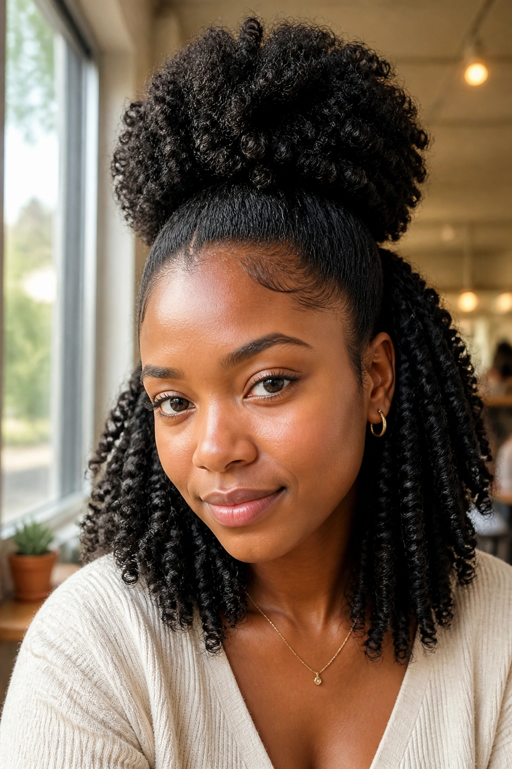 Real person showcasing half-up twist-out puff with top puff and bottom texture
