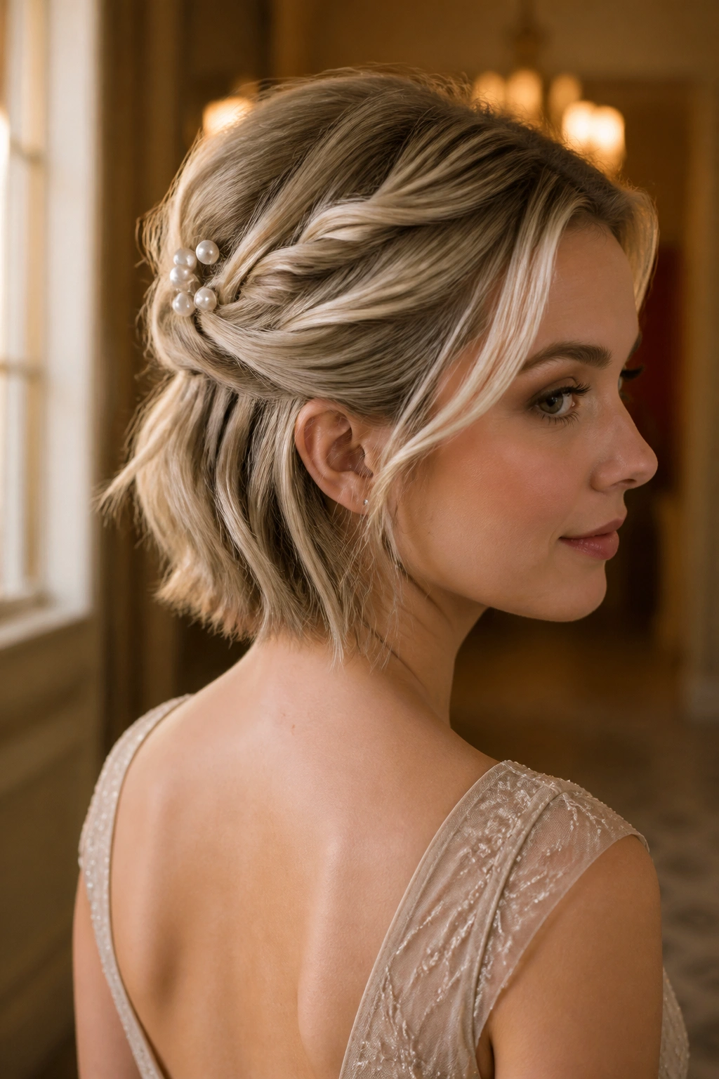 Close-up of a real woman with a half-up twist and pearl pins.