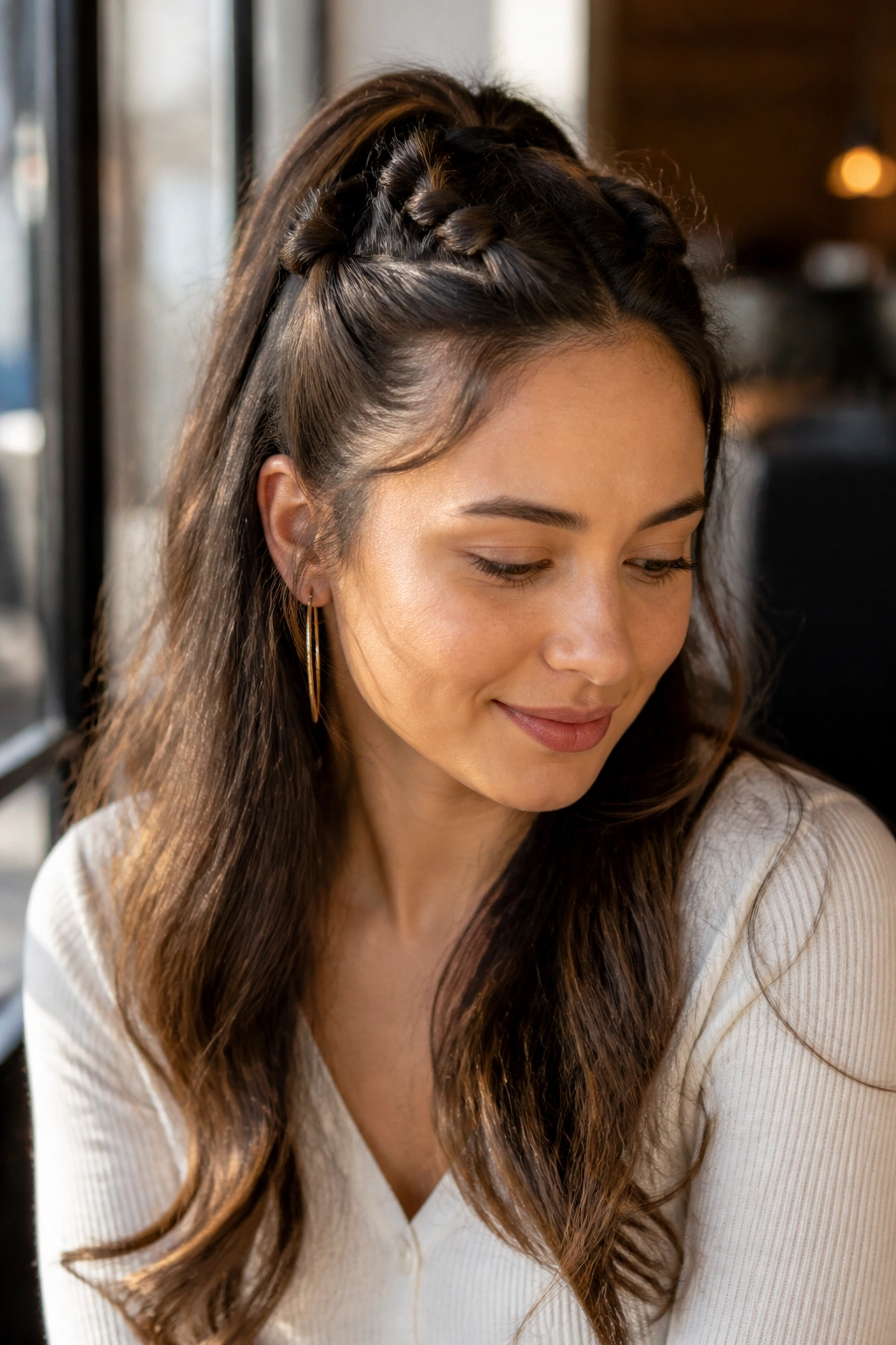 Close-up of real woman with half-up twist ponytail showing top twist with loose bottom in natural light