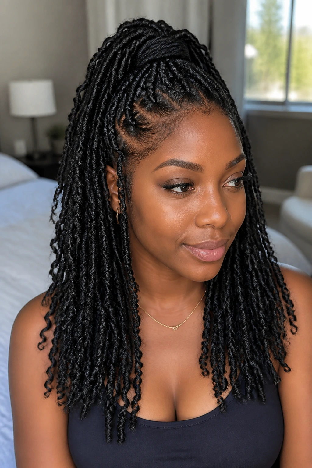 Close-up of a woman with a half-up twist ponytail showing top twist and loose lower hair