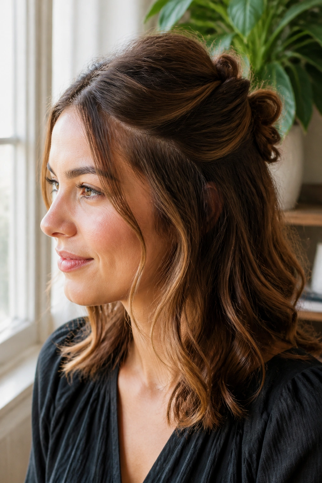 Close-up portrait of half-up twist with loose ends