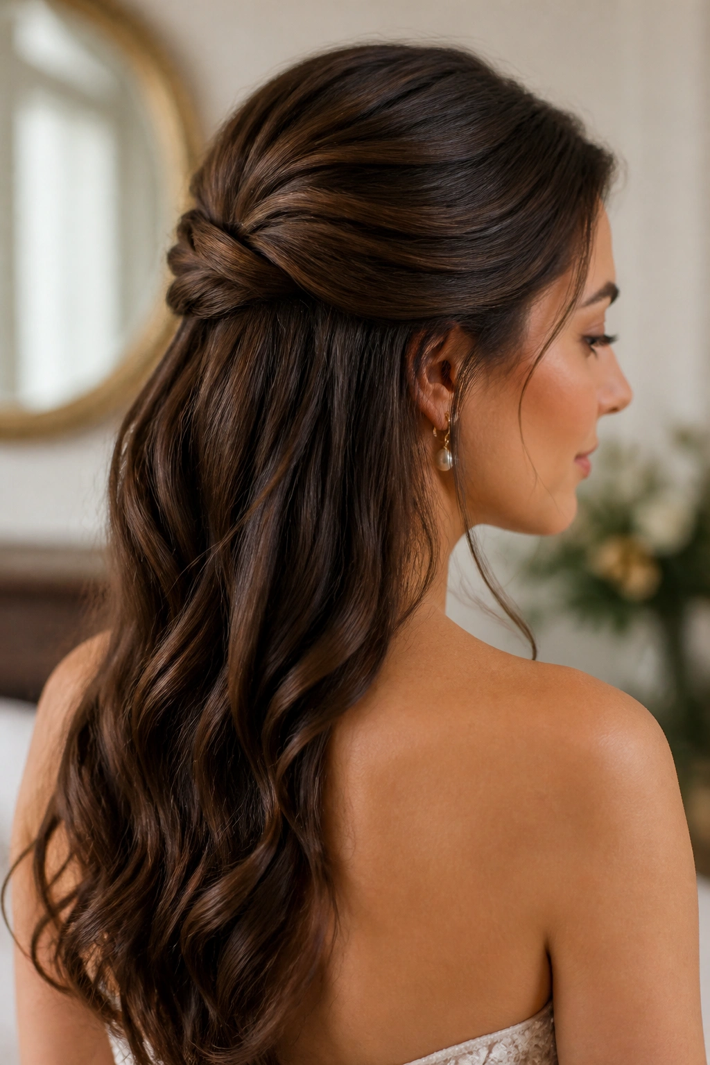 Close-up of a woman with half-up twist hairstyle in a softly lit indoor space