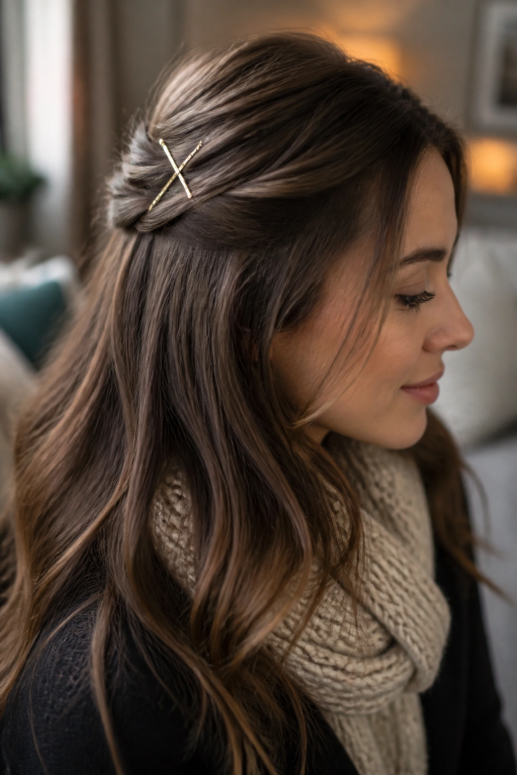 Close-up of a real woman with a half-up twist and a scarf in a cozy setting