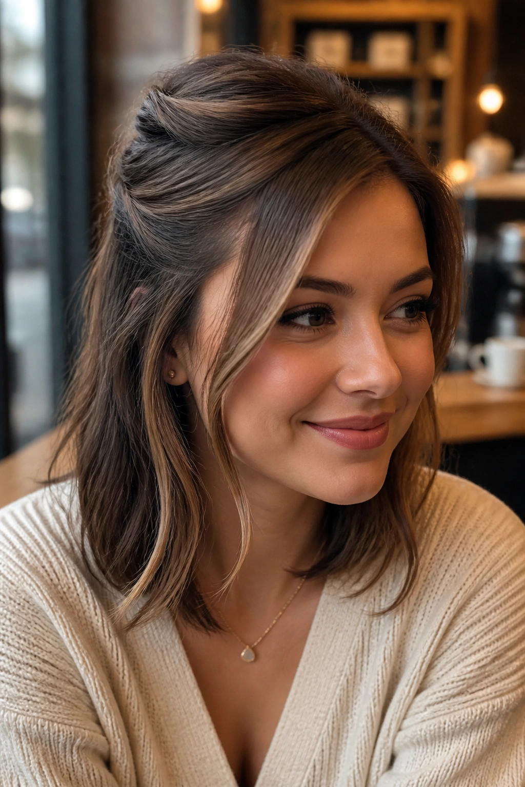 Close-up of a real woman with a half-up twist and side part