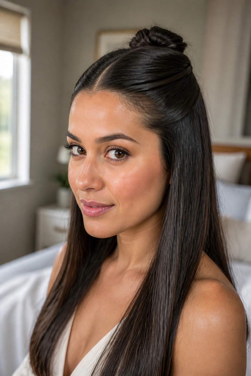 Close-up portrait of a real woman with a half-up sleek twist and center part.