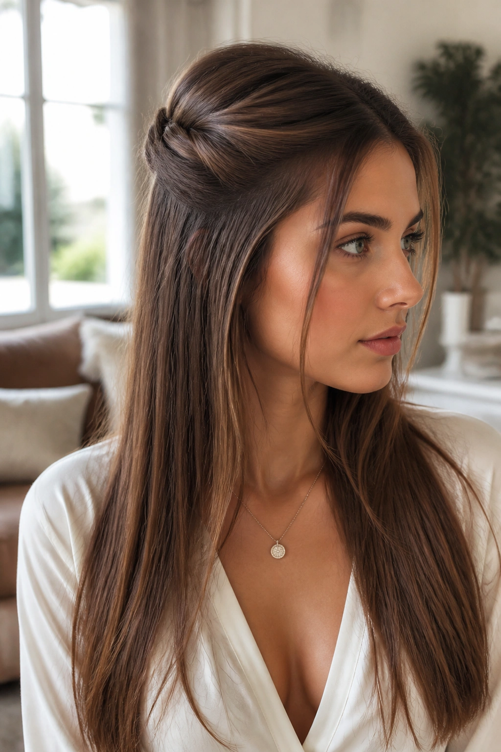 Close-up of a real woman with half-up twist and straight length