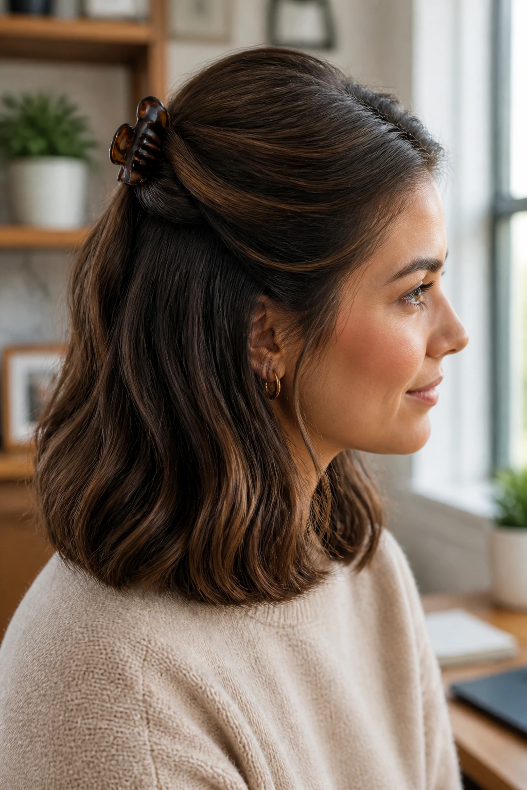 Close-up of a woman with a half-up twist on thick hair.
