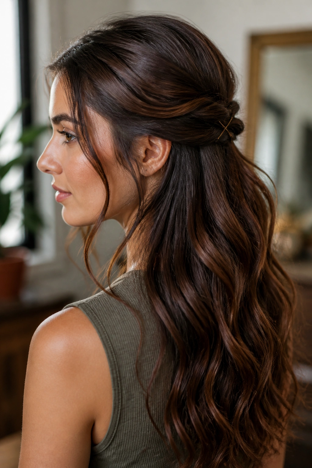Real woman with half-up twist and loose length in natural light