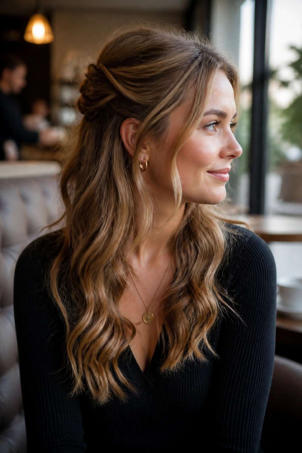 Close-up of a real woman with half-up twist and loose waves