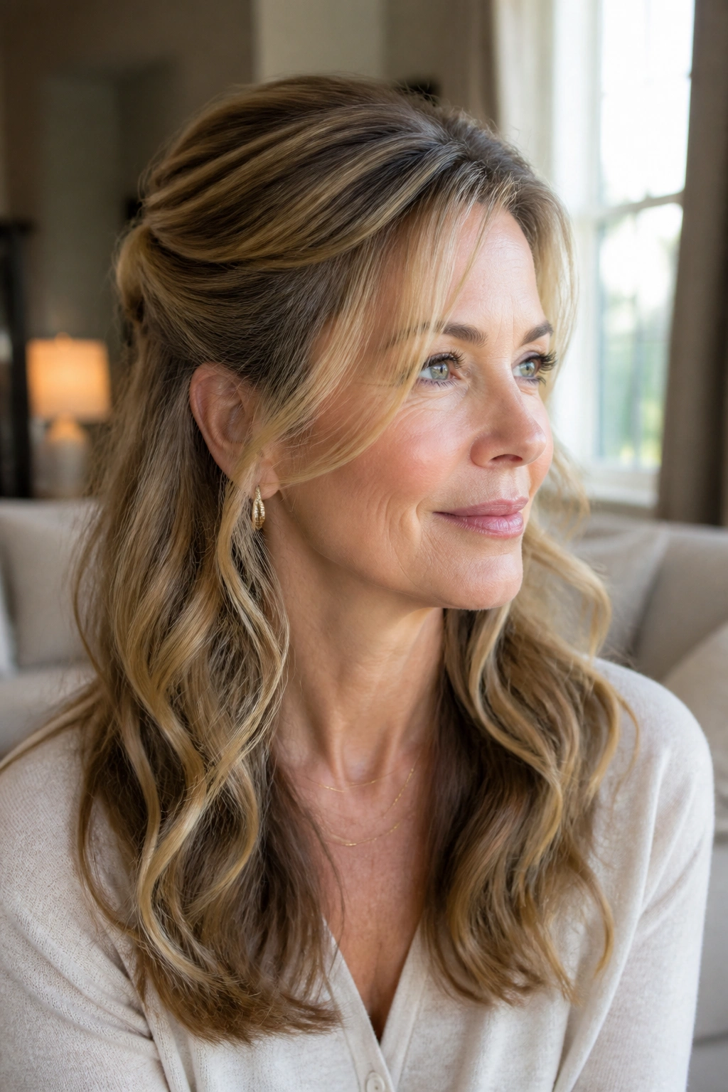 Real woman with half-up twist and loose waves, portrait.