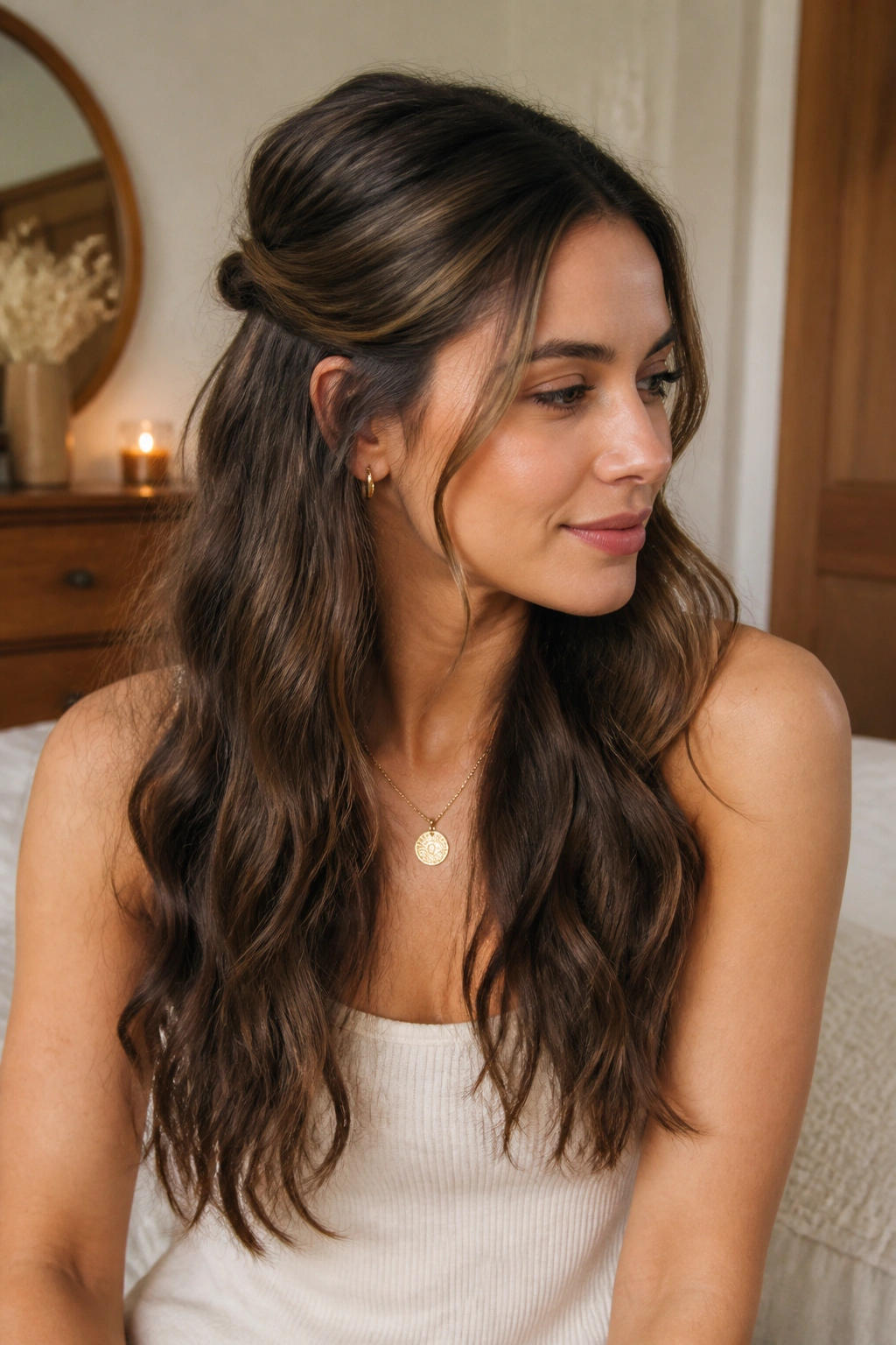 Medium close-up of a real woman with a half-up twist and loose wavy length