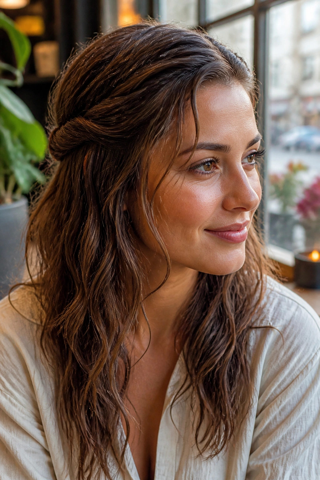 Real woman with half-up twist showing soft top and loose front pieces