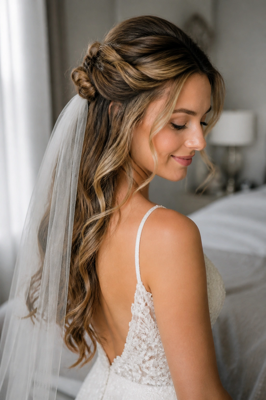 Close-up of a bride with a Romantic Half-Up Twist