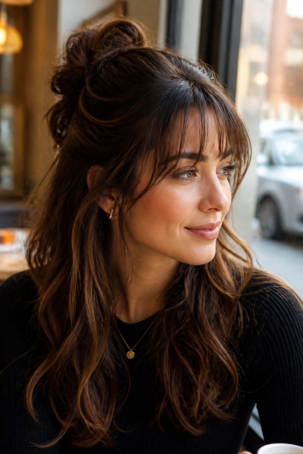 Close-up of a real woman with a half-up messy twist and wispy bangs in a cafe setting