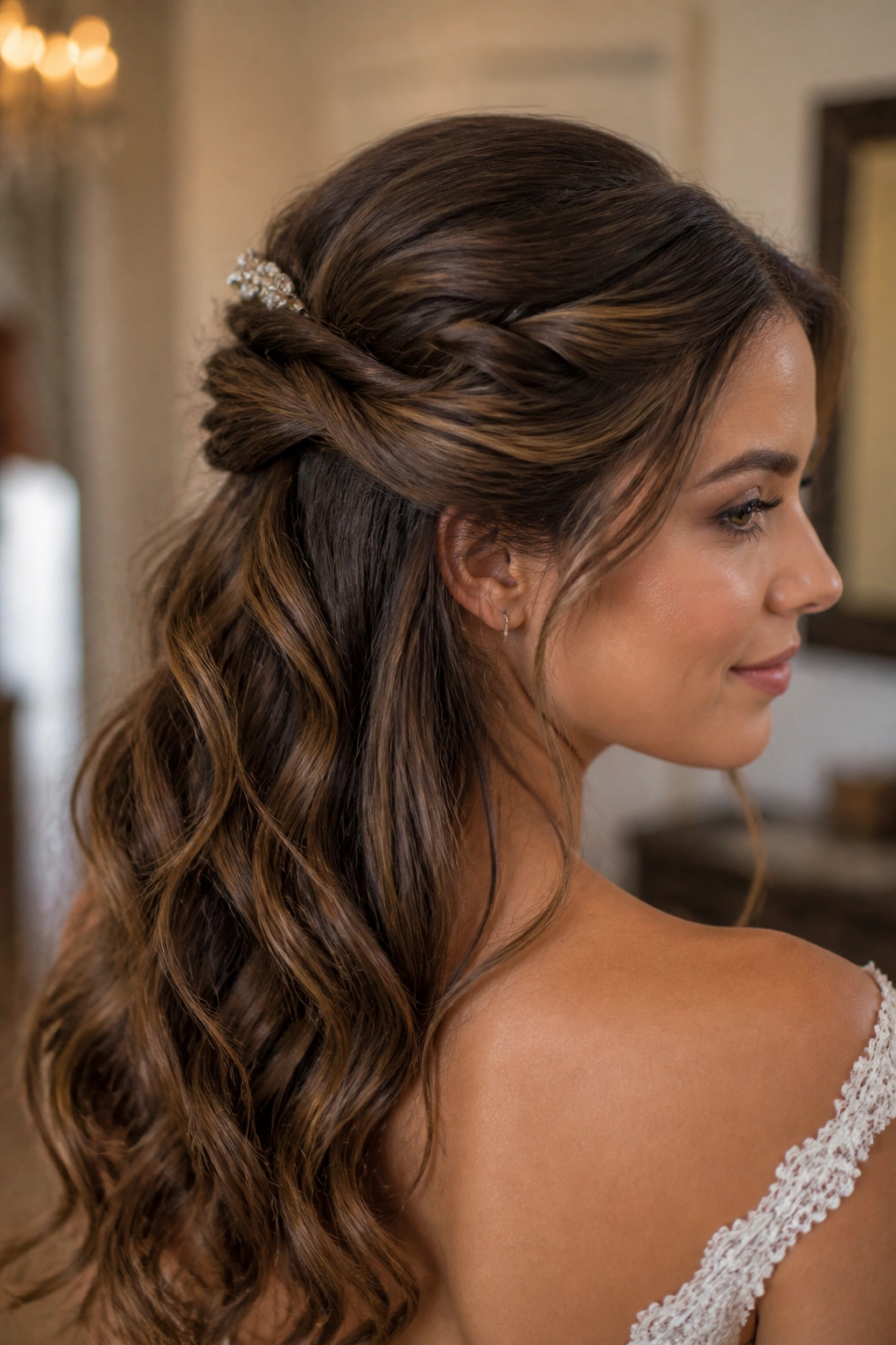 Close-up of a real woman with a half-up twisted cascade hairstyle showing crown twist and soft waves
