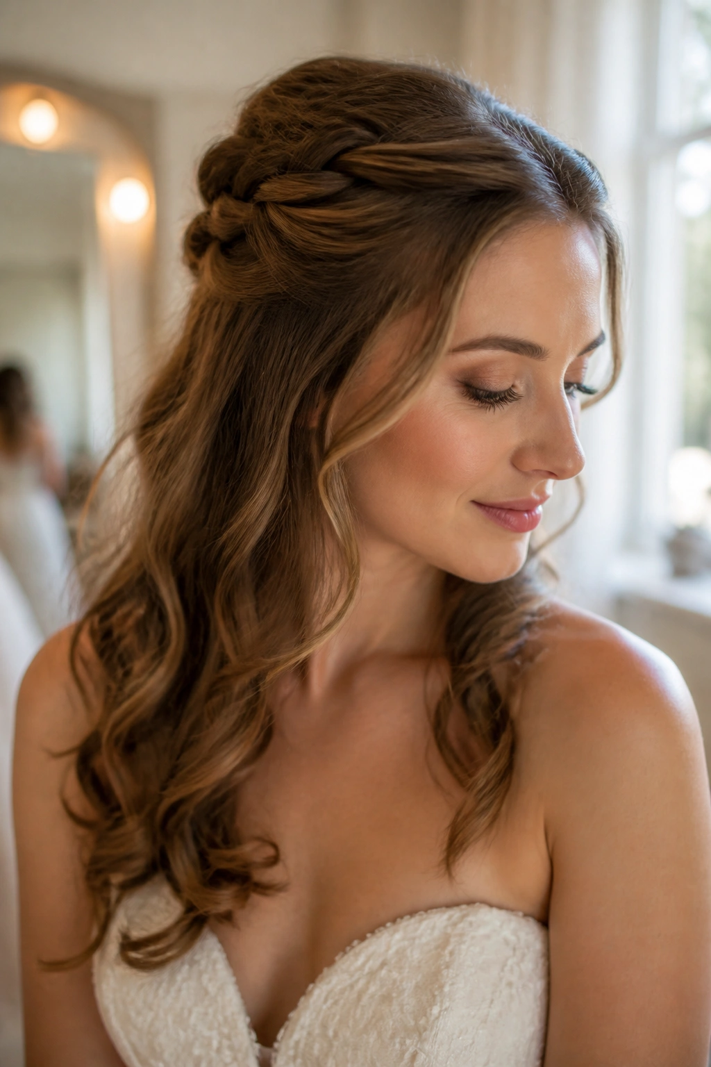 Close-up of a real woman with a half-up twisted crown hairstyle, soft waves and crown lift