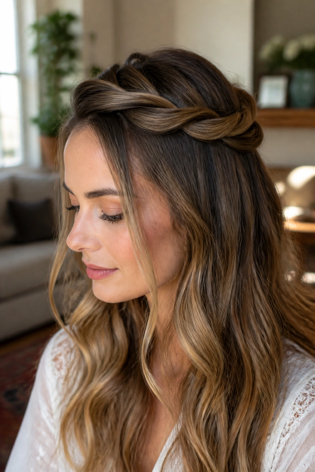 Close-up of a real woman wearing two twists forming a crown on her head