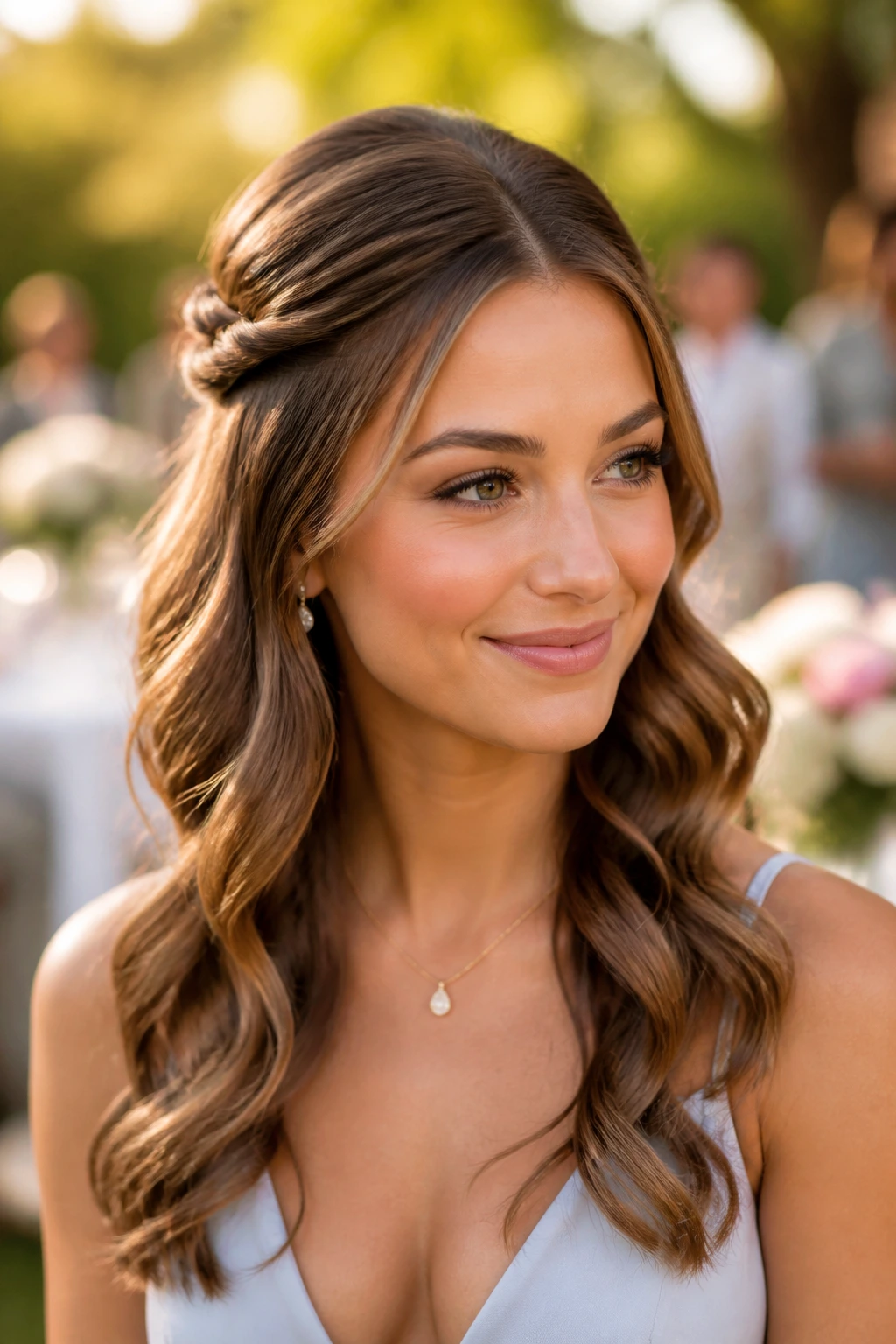 Portrait of a woman with half-up twisted waves in a sunlit garden.